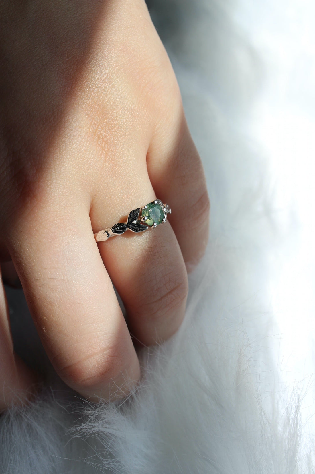 Delicate platinum engagement ring organic design with moss agate 